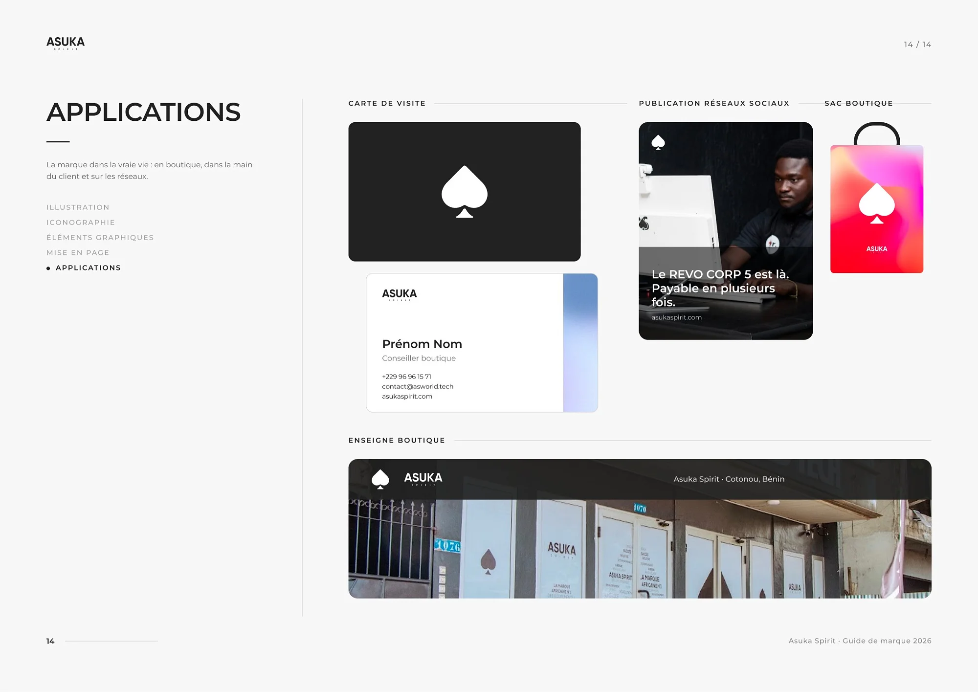 Les applications : carte de visite, publication, sac et enseigne