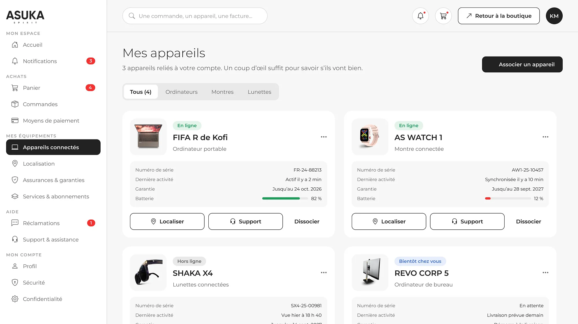 Les appareils connectés du client, avec leur garantie