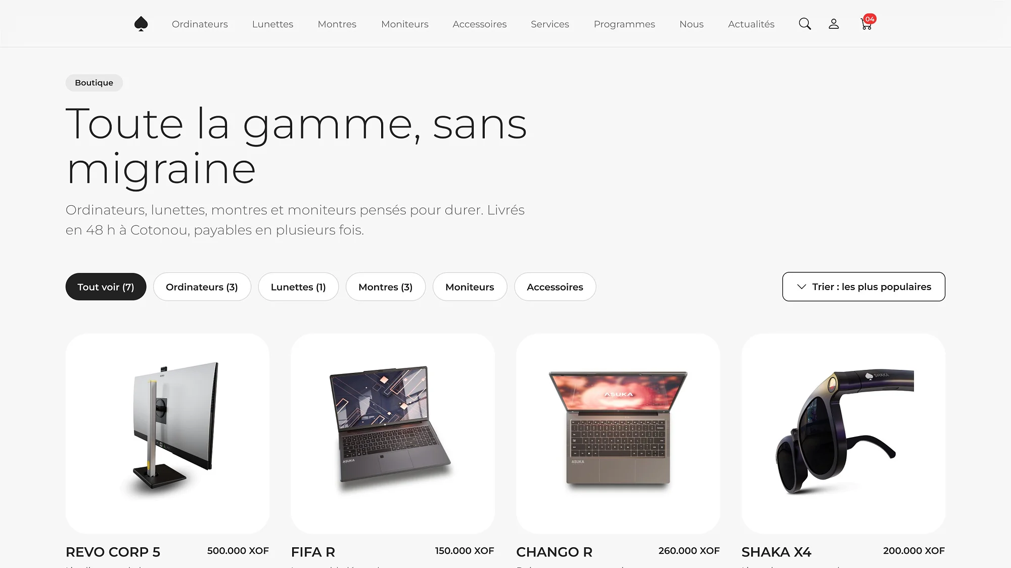 La boutique : sept produits sur des vignettes neutres, filtrables par gamme