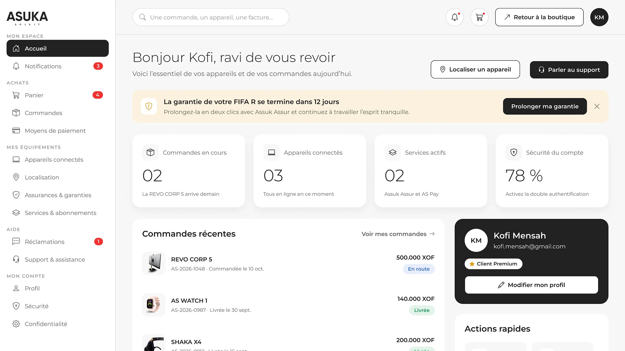 Le tableau de bord de l’espace client