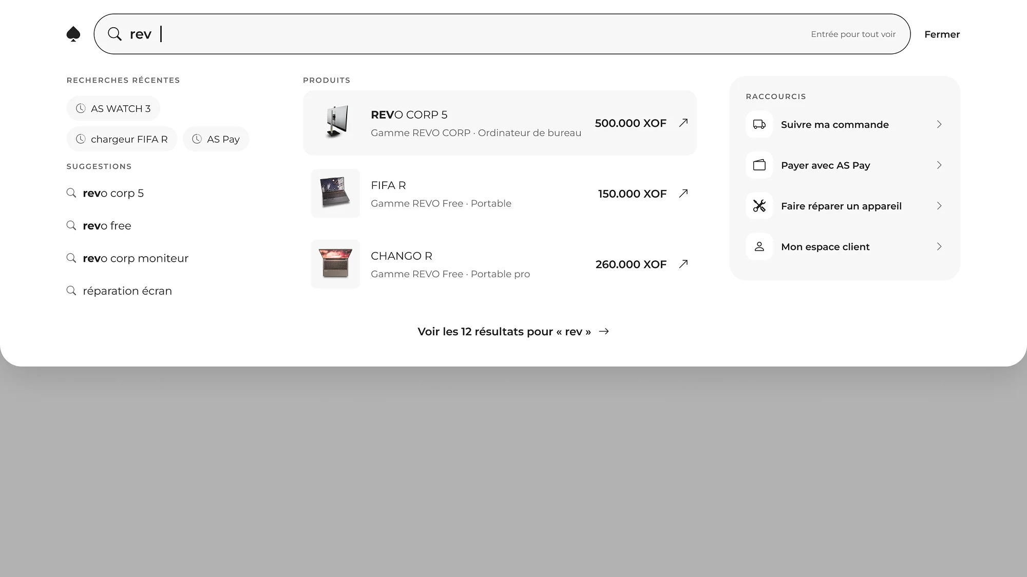 La recherche, ouverte en surimpression depuis toutes les pages
